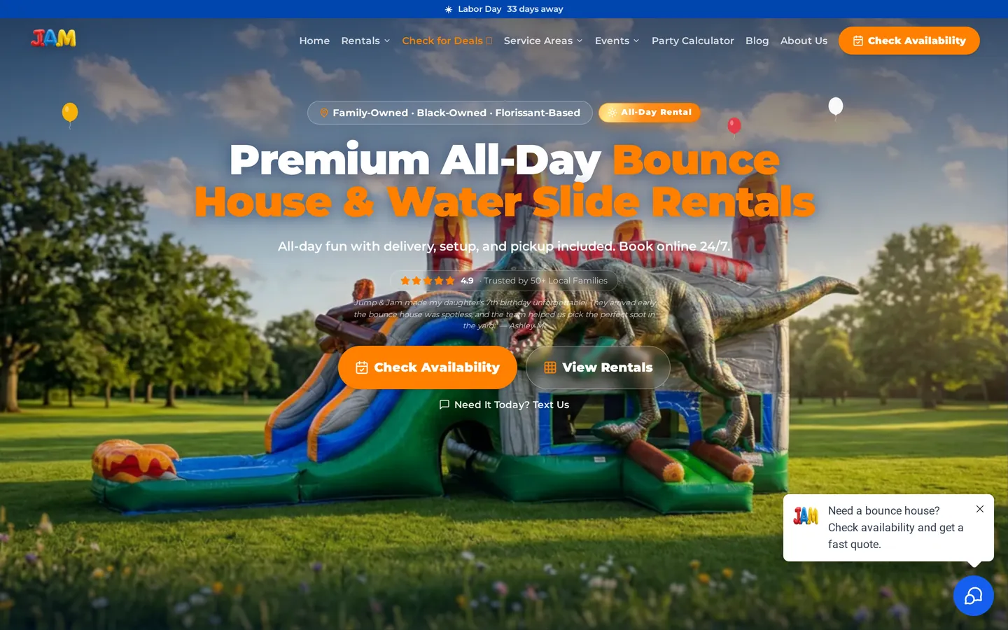 Recorded preview of the Jump & Jam rental website and its customer actions
