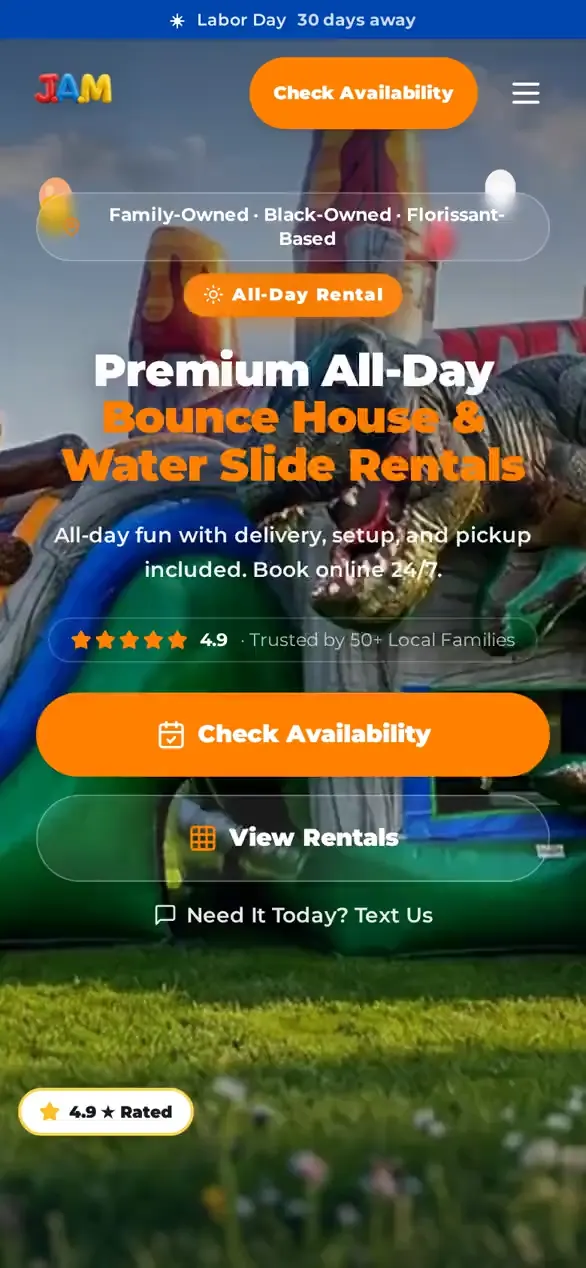 The Jump & Jam Party Rentals website on a phone, showing their real rental inventory
